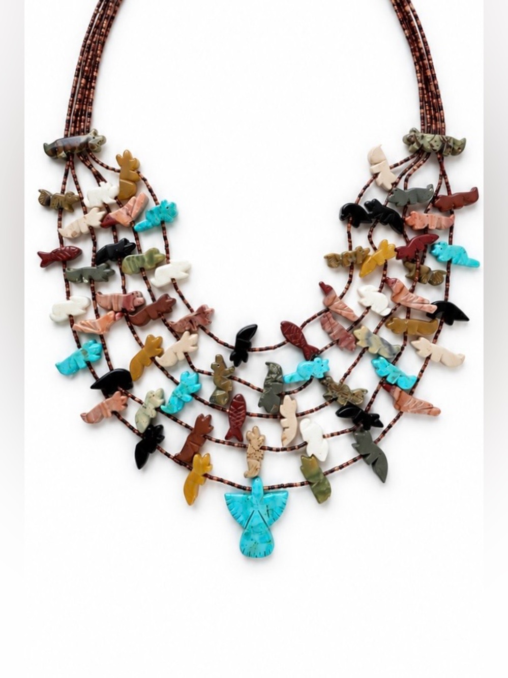 Zuni Native American Turquoise Multi Stone Multi Strand Beaded Fetish Necklace - Picture 5 of 5